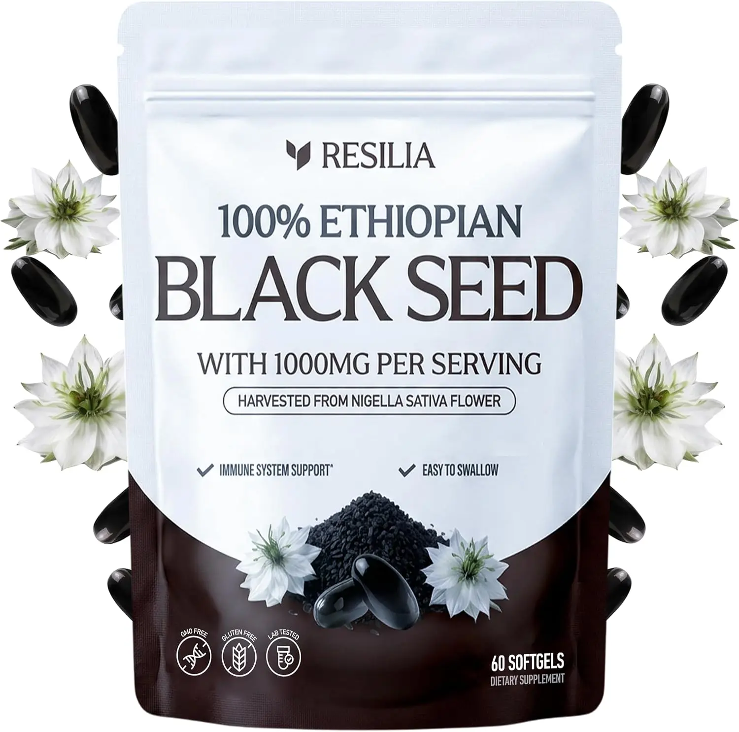 Resilia Ethiopian Black Seed Softgels 1000mg Per Serving | Premium Nigella Sativa Seed Oil Supplement – Digestive & Immune Support Formula – Easy to Swallow Soft Capsules (60 Count)