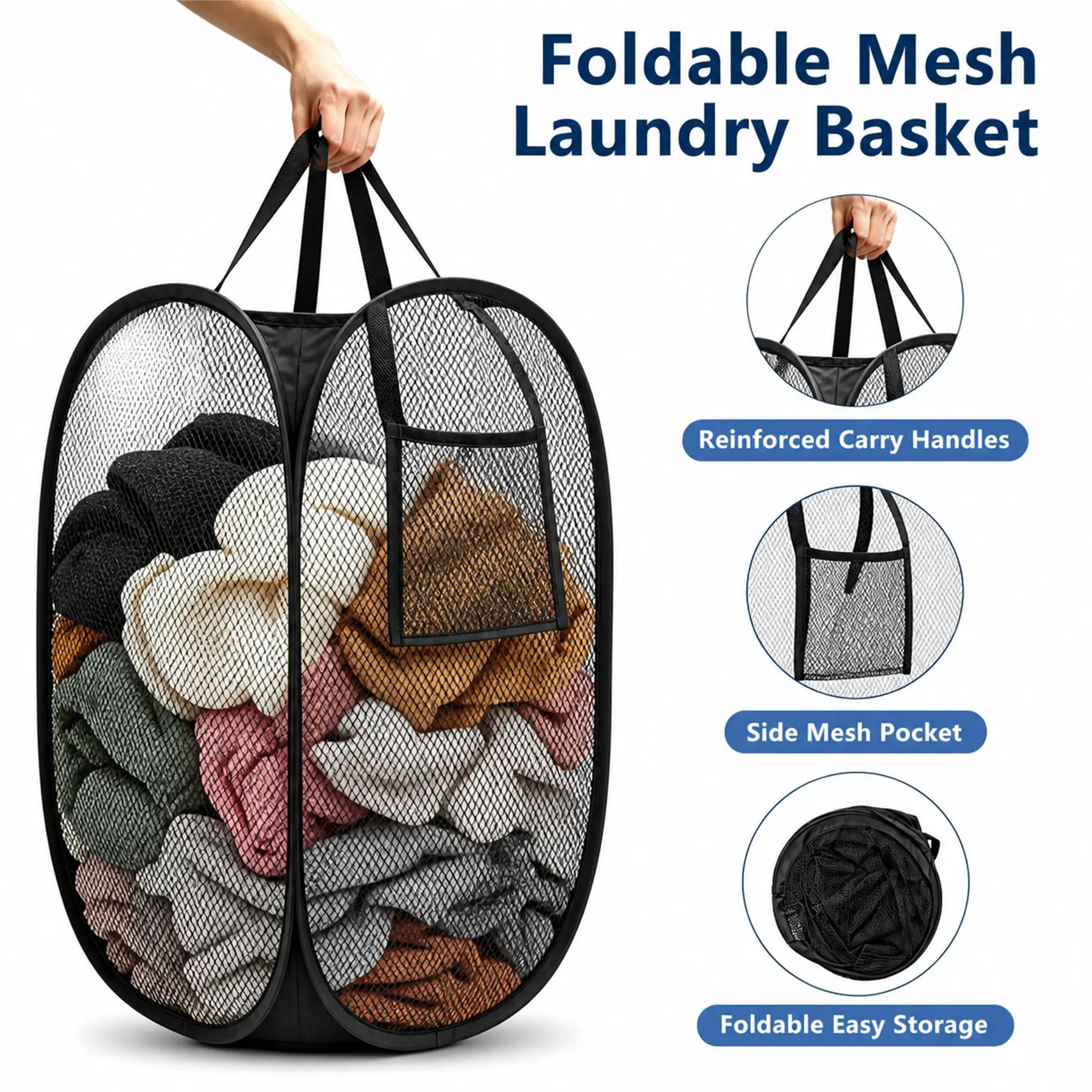 Foldable Mesh Breathable Summer Laundry Basket, Laundry Hamper, Summer Large Capacity Dirty Clothes Storage Basket, Home Organizer for Bathroom Bedroom