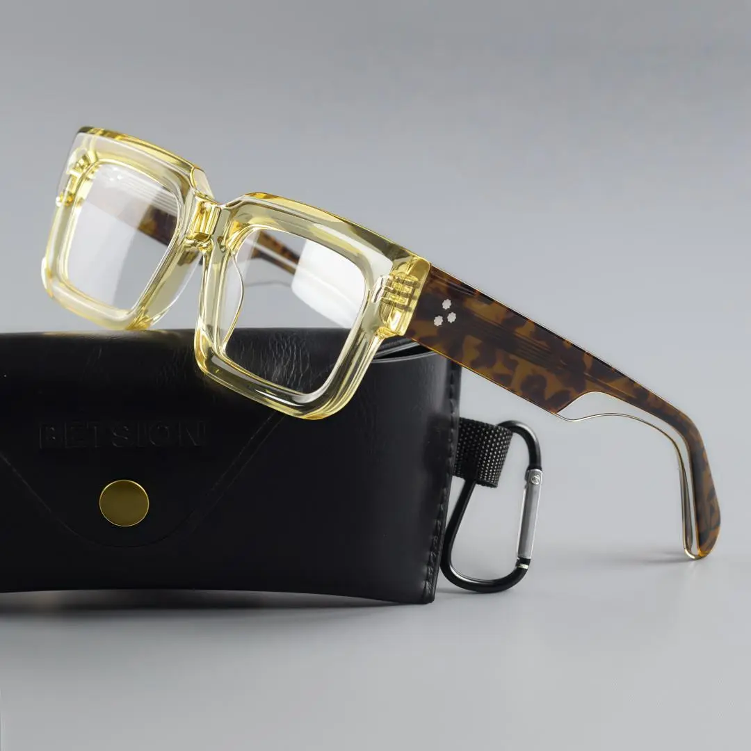 BETSIONS Thick Retro Look Wide Rim Full-Rim Polycarbonate Acetate Eyeglasses Frame - Unisex Black Leopard Statement Frames for Women, Classic Fashion Reading Eyewear (Single Item)