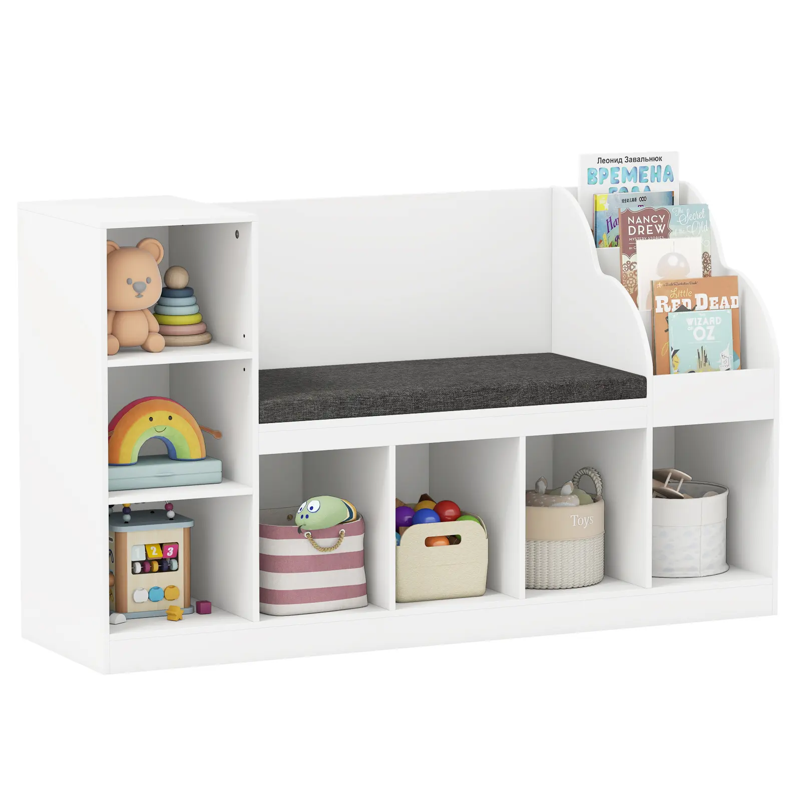 COSTWAY - Kids Bookcase with Reading Nook 3-in-1 Standing Toy Organizer-White COSTWAY - Kids Bookcase with Reading Nook 3-in-1 Standing Toy Organizer-White