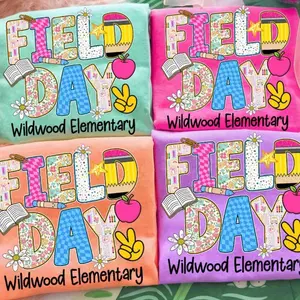 Retro Striped Floral Field Day Let The Games Begin Shirt, Teacher Field Day Shirt, Custom School Name Shirt, End of Year School Shirt, Gift for Her/Him, Full Color