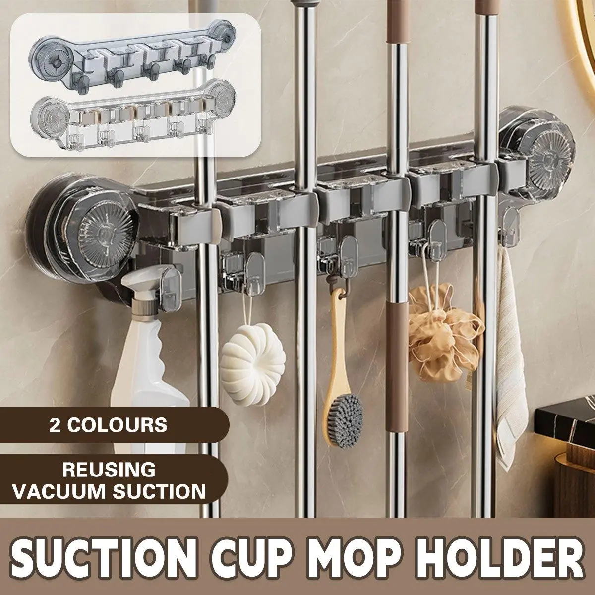 Transparent PVC No-Drill Suction Cup Broom and Mop Holder - Heavy-Duty Durable Plastic Wall-Mounted Organizer with Adjustable Hooks, Daily 5 - 10 Kg Load Space-Saving Storage for Bathroom, Balcony, Kitchen, Damage-Free Install