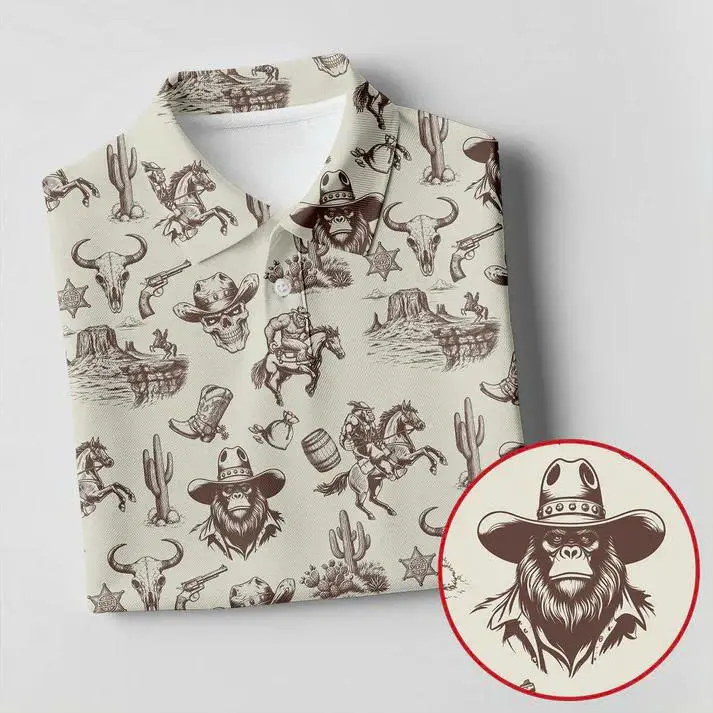 Funny Cowboy Bigfoot Polo | Wild West Golf Shirt | Breathable Western Cowboy Polo for Men