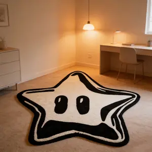 Cartoon star expression alien carpet black and white contrasting velvet floor mat, Cartoon pattern rug, bedroom bedside anti slip and wear-resistant foot mat, retro space decoration mat suitable for ins/retro cartoon style home decoration