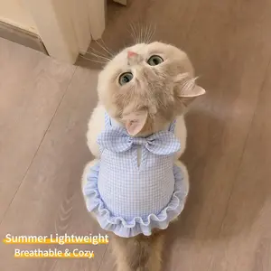 Summer Plaid Bow Sling Dress Breathable Thin Princess Outfit for Cats Dogs Anti Shedding Pet Clothes