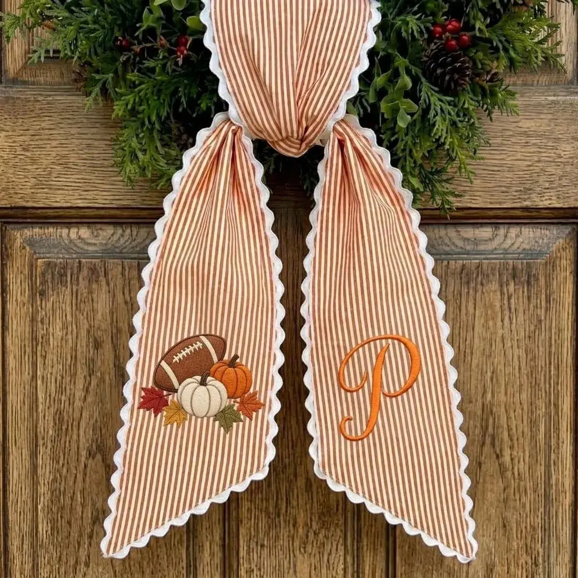 Fall Kick Off Wreath Sash, Football Pumpkin Embroidered Ribbon, Personalized Monogram Front Door Decor, Custom Logo And Text