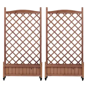 2-Pack Natural Wooden Raised Garden Bed with Trellis, 25x11x42.3 in Mobile Planter Box with Wheels and Drainage Holes, Garden Accessory for Climbing Vegetables