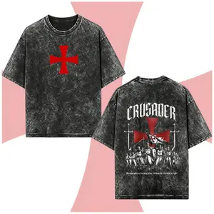 "Crusader" Vintage Washed Crew-Neck Summer Casual T-Shirt — Cool, Printed Short-Sleeve Top Featuring The Knights Templar — Medieval Christian Warrior-Inspired Streetwear — Gothic-Style Unisex Top — Blending Vintage Faith And The Aesthetics Of Battle