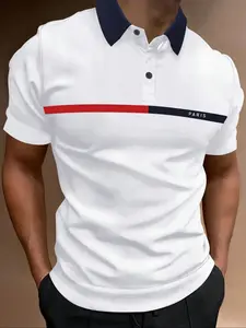 Men's Regular Fit Striped & Letter Print Casual Golf Polo Shirt, Golf Tournament Shirt, Casual Short Sleeve Top for Summer, Fashion Men's Clothes for Daily Wear, Tropical