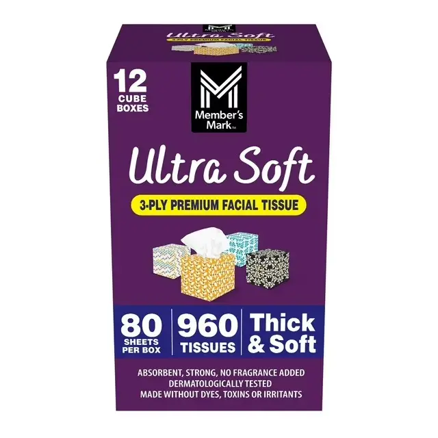 Member's Mark Ultra Soft 3-Ply Premium Facial Tissue 12 Cube Boxes 960 Tissues Absorbent Strong No Fragrance Added