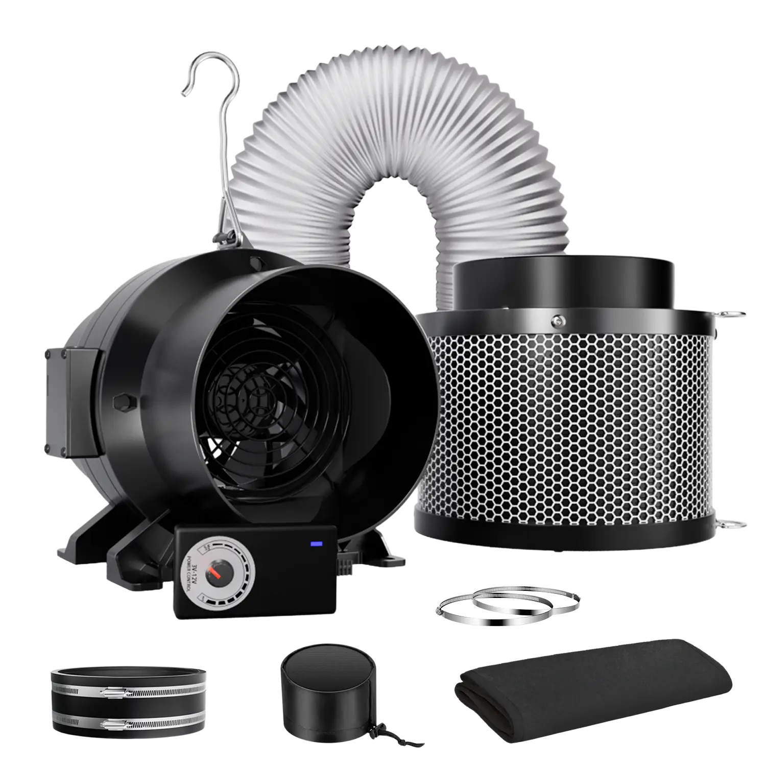 ALPHAGROW 4-6 in Inline Blower Fan Ventilation System with Metal Hanging Kit, Activated Carbon Filter, Flexible Ducting, Pre-Filter Sleeve, Adjustable Variable Speed DC Motor & Remote Control for Indoor Grow Tents