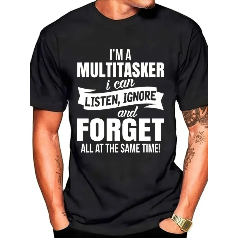 Men's Cotton Fabric Casual Top, "I Am A Multitasker" Printed Funny Man Graphic Short-Sleeve Black T-Shirt, 90s/Y2k Menswear, Christian Apparel, COD Eligible, Shortsleeve, Round Neck