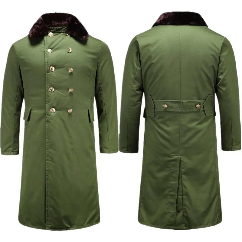 Men's Military Look Army Green Pure Cotton Long-Sleeve Twill Jacket Coat - Small Size (40-70kg), Windproof Shell, Fur Lining, Zipper, Extended Hem, Pockets, Snap Buttons, Cold-Proof Thick Workwear for Outdoor Winter Labor Protection, Menswear, Small Size
