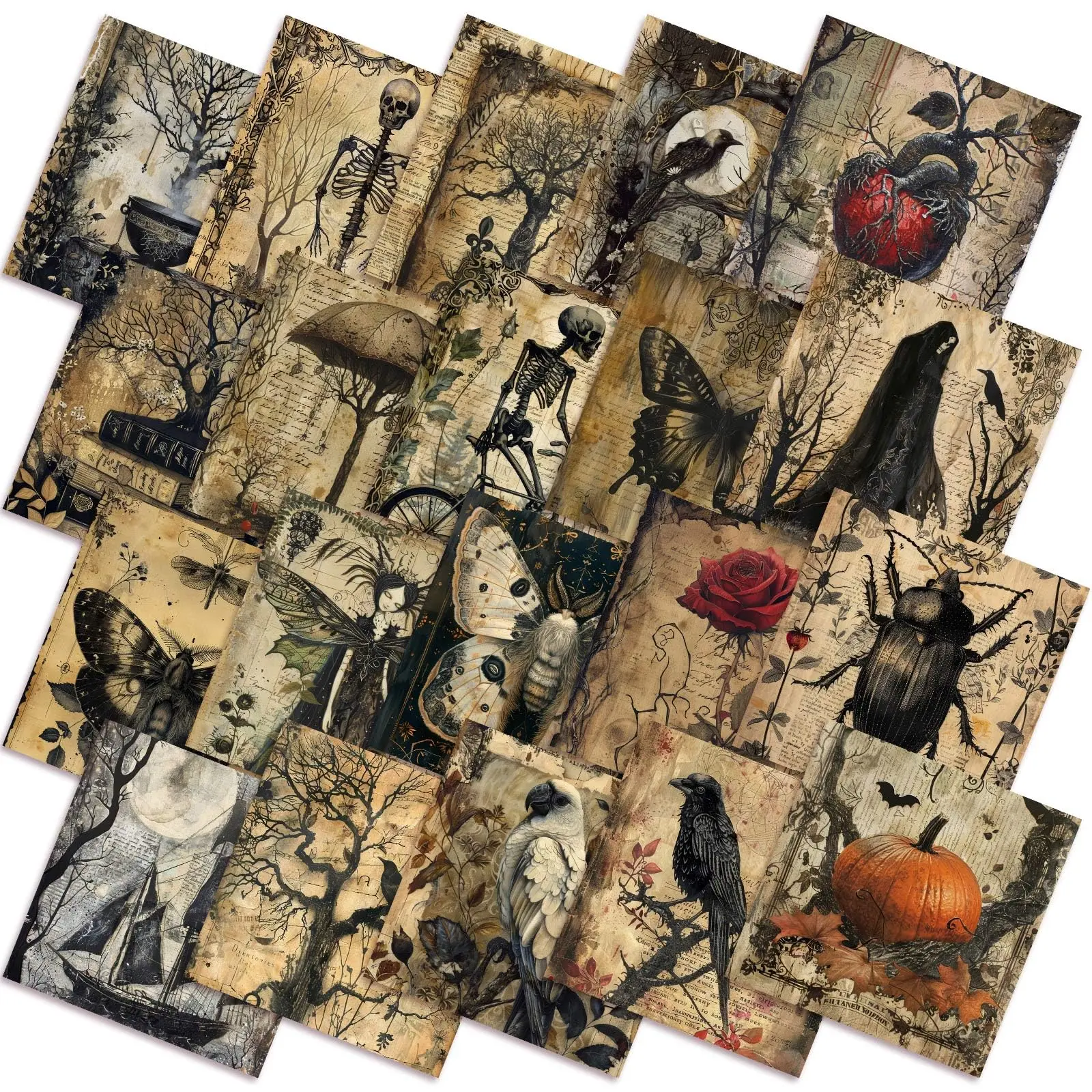 Vintage Halloween Quilting Fabric Skeleton Witch Precut Quilted Fabric Bundle Gothic Black Bat Crow Printed Sewing Material for Spooky Patchwork DIY Craft Supplies