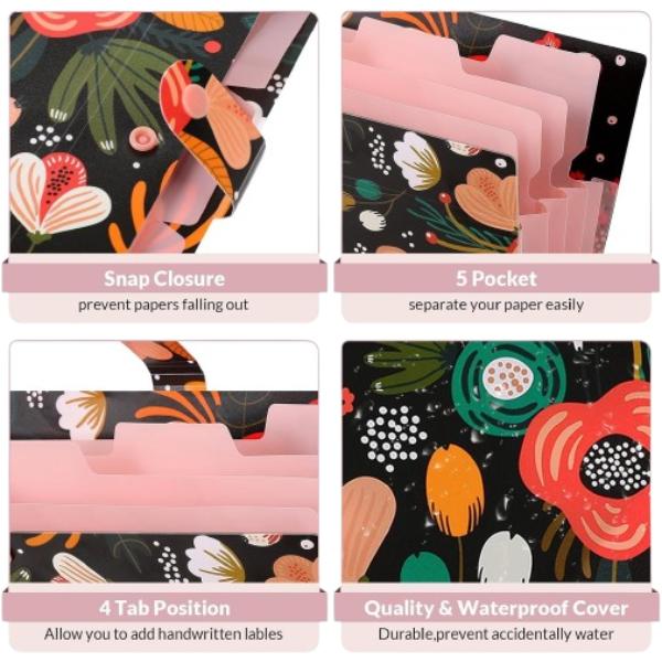 Expanding File Folder with 5 Pockets, Floral Accordion File Organizer for Important Document，Portable Receipt Paper Organizer，School Office Supplies Black