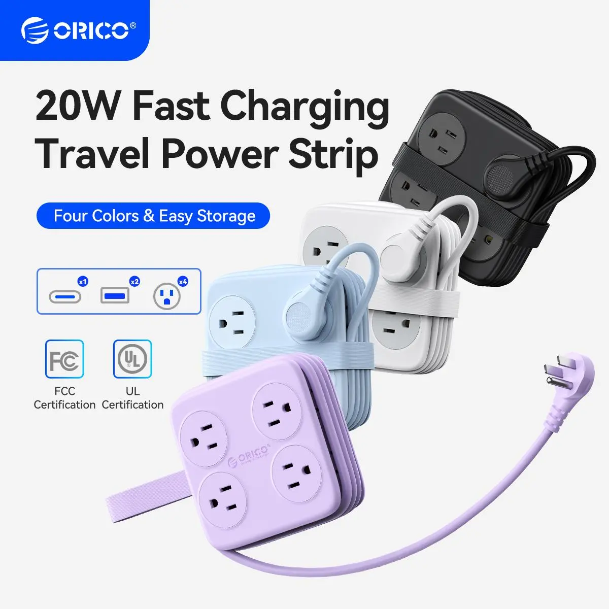 ORICO 11 IN 1 Power Strip Designed for Desktop,5 Ft Coiled Extension Cord with 8 Outlet & 3 USB Ports, ORICO Power Strip with Flat Plug, 11 in 1 Charging Station for Home/Office/Dorm-AP3-8A
