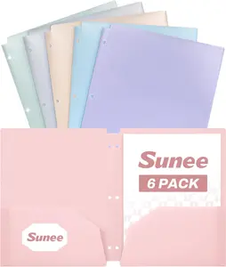 SUNEE 3 Hole Pocket Folders (6 Pack, Pastel Color), Plastic Pocket Folders for 3 Ring Binder, 3-Hole Punched Folder with Pockets, for Kids, Students, Teachers, Office Staff