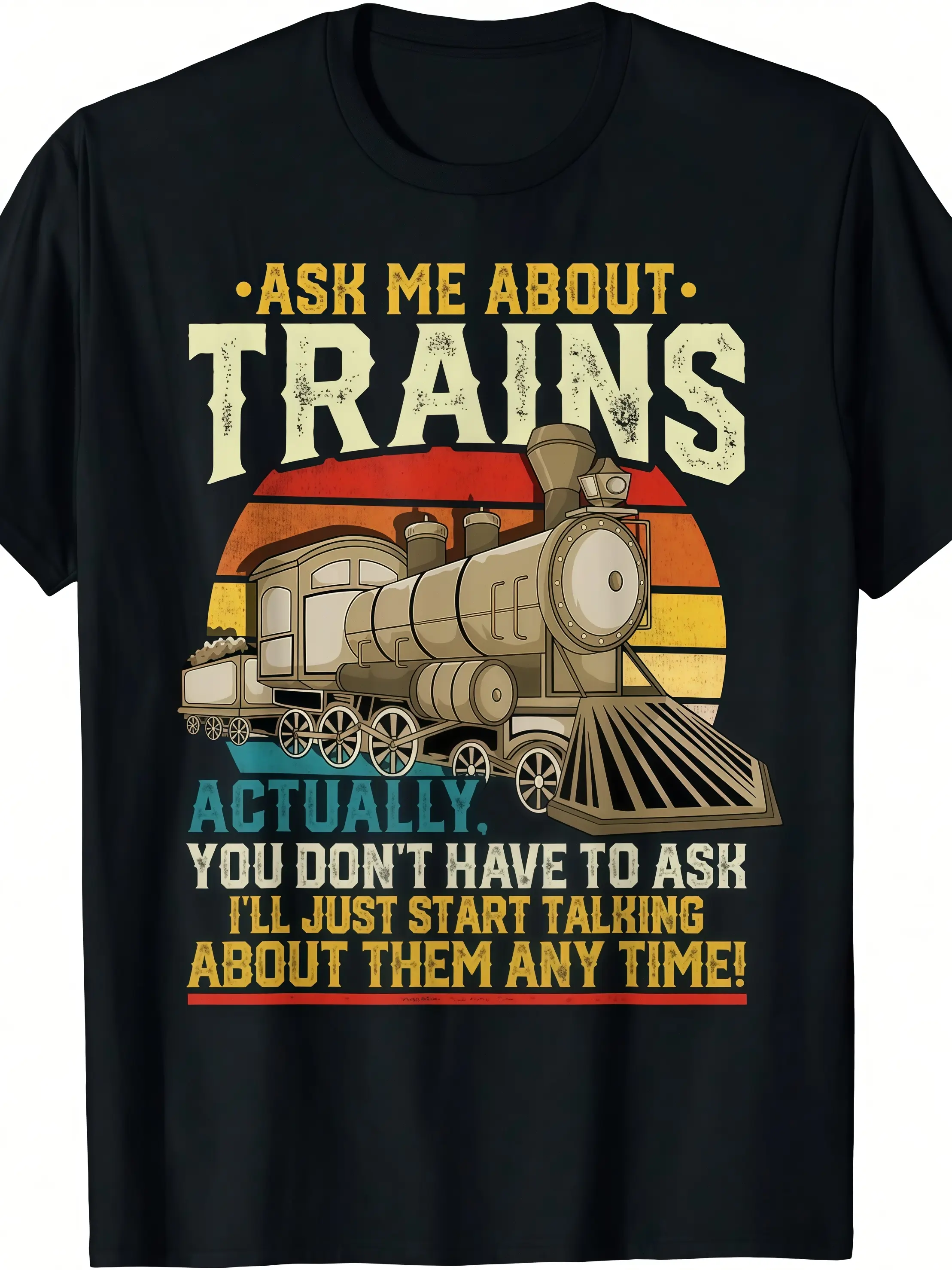 Classic crewneck short sleeve tee with Trainspotting and model trains graphic. Perfect casual top for trainspotters, model railway fans and rail enthusiasts.