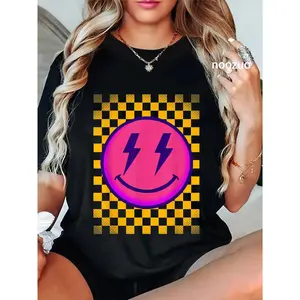 100% Cotton Short-Sleeve Round Neck Casual Streetwear Top, Cute Smile Face Checkerboard Happy Vibe Sports Shirt