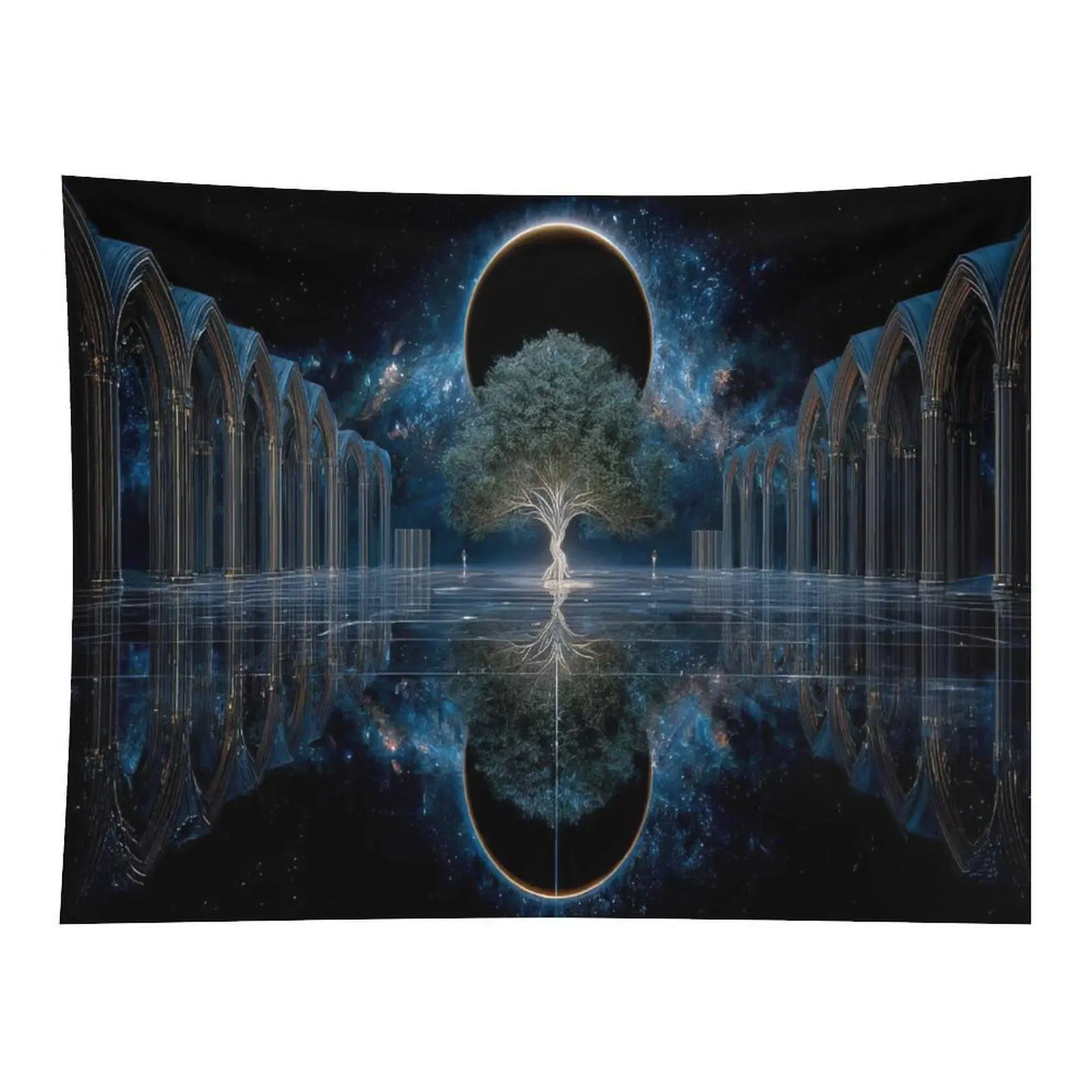 Dark Fantasy Tapestry - Mystic Gothic Cathedral, Cosmic Eclipse, Ancient Tree Reflection, Galaxy Scenery Wall Hanging, Home Decoration, Room Decorations Accessory
