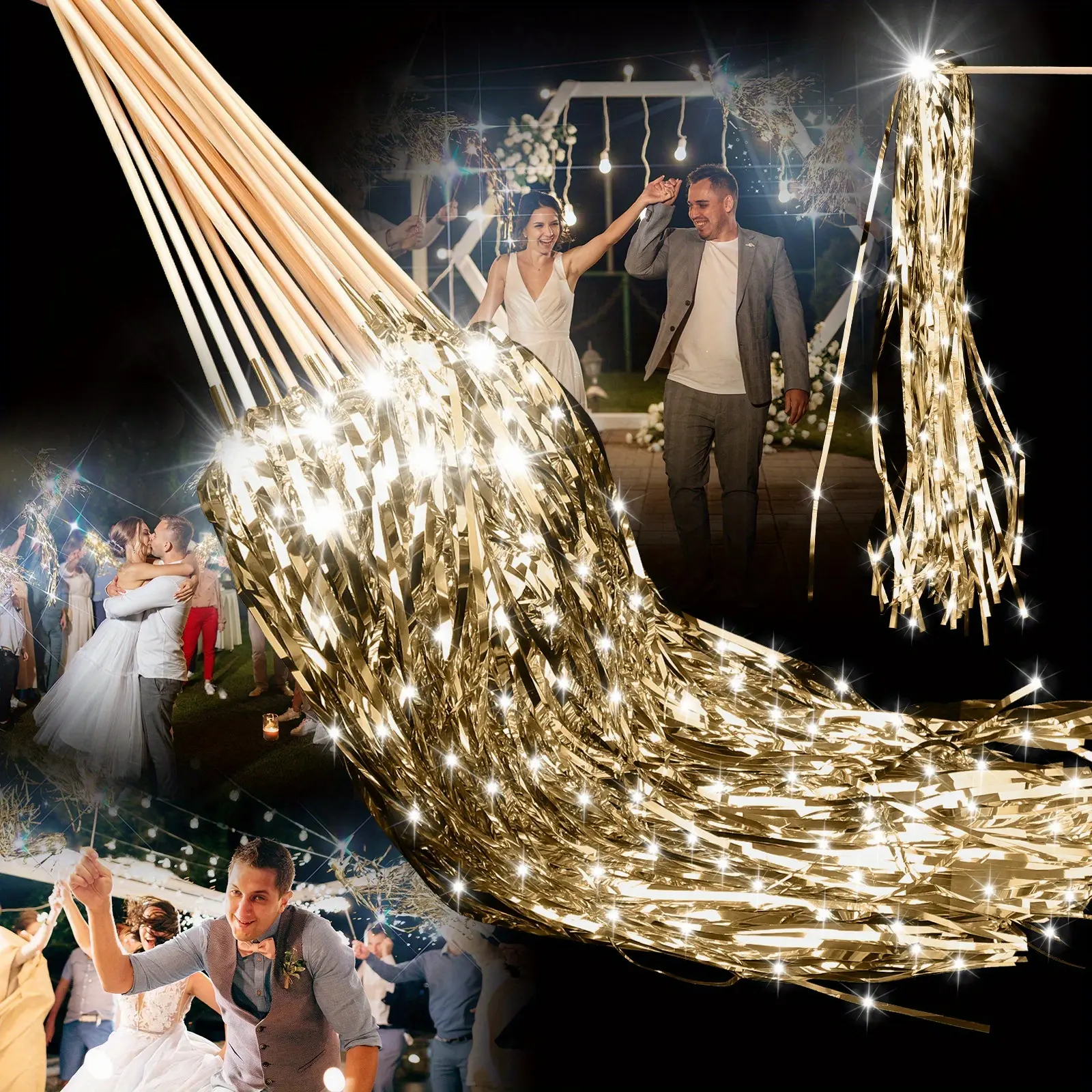 24pcs Lighted Wedding Wands LED Tinsel Wands Light up Streamers Sparklers for Wedding Send Off and Exits Birthday Party Props Favors(Champagne Tinsel) for School Halloween Halloween,Christmas