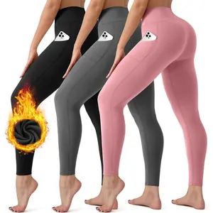 OUTDOOR 3 Pack Women's Fleece Lined Leggings with Pockets Thermal Warm Winter Tights Butt High Waist Tummy Control Pants