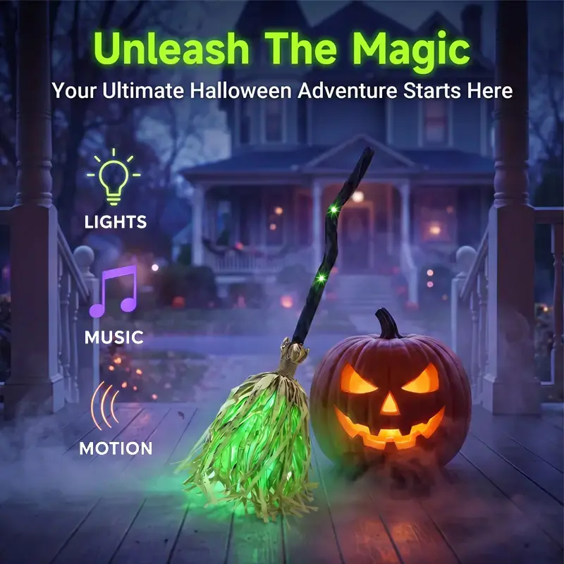 【Summerween】Motion Activated Witch Broom LED Glowing Musical Decor Halloween Interactive Prop Spooky Porch Yard Ornament Magic Adventure Indoor Outdoor Party Supplies