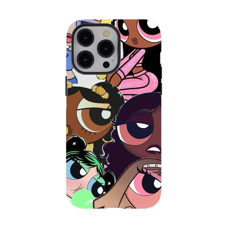 [No Magnetic] pink and brown Powerpuff Girl Phone Case,Aesthetic Tough phone Cover,Durable Dual-Layer design tough phone casing for iPhone 17 16 15 14 13 12 11 8 7 for Samsung Series,Coquette girls phone cover,Shockproof Protective Cover