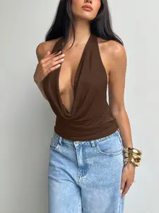 Women's Plain Backless Halter Neck Tank Top, Solid Color Sleeveless Top for Party Club Dating Wear, Ladies Summer Casual Sleeveless Halter Clothes