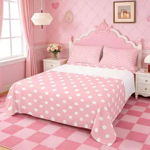 Feelyou 4pcs Playful Polka Dot Bed Set - Pink White Cute Geometric Dots, Breathable Fabric, Deep Pocket Fitted Sheet, Flat Sheet, Pillowcases, Multi-Size Sets for Kids Room Decor