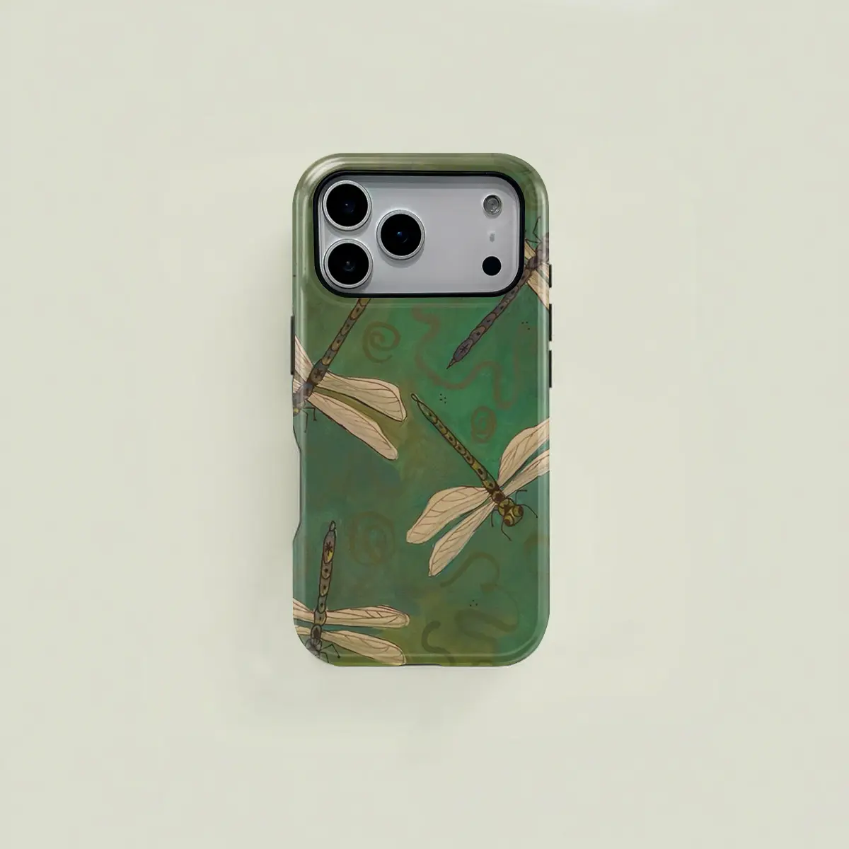 A refreshing green watercolor-style dragonfly swirl pattern protective case, a durable 2-in-1 case, compatible with iPhone 17/16/15/14/13/12/11 Pro Max/Plus/Pro, and Samsung Galaxy S26/S25/S24/S23 Ultra series. A simple and stylish phone case.