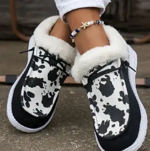 Fashion Color Blocking Dairy Cow Print Thickened Warm Sneakers, Lightweight And Comfortable Non-slip Casual Shoes