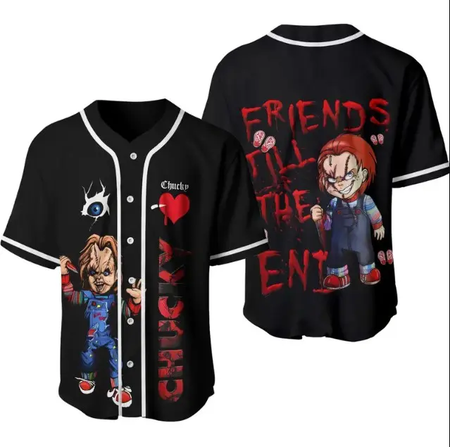 Horror Doll Inspired 3D Baseball Jersey, Creepy Graphic Button Up Shirt, Halloween Slasher Fan Apparel