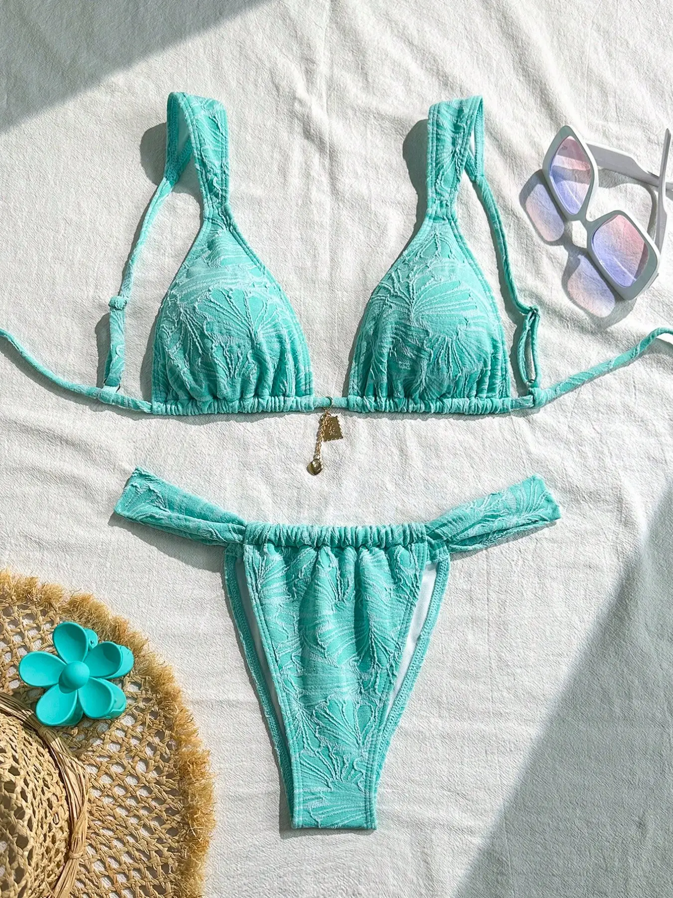 Mint Floral Triangle Bikini Set, Sexy Lace-Up Two-Piece Swimsuit, High-Waisted Thong Swimwear, Beach Vacation Sandal Wear, Floral Bikini Top, Beach Bathing Suit, Swimsuits Bikinis