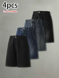 Pack of 4: men’s summer retro washed distressed denim shorts—deconstructed patchwork design, fashionable trendy casual, versatile loose athletic men’s denim shorts.summervibes