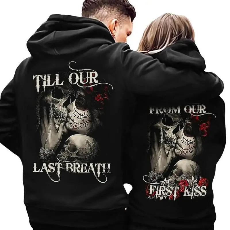 Hooded Sweatshirt Couple Set with Skull Roses Graphic, Soft Knitted Cotton Pullover, Breathable Sporty Chic Tops, True to Size