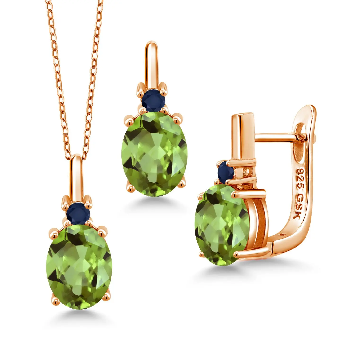 Gem Stone King Gemstone Birthstone and Blue Sapphire Pendant and Earrings Jewelry Set for Women in 18K Rose Gold Plated Silver | Oval 8X6MM and Round 2.5MM | With 18 Inch Chain