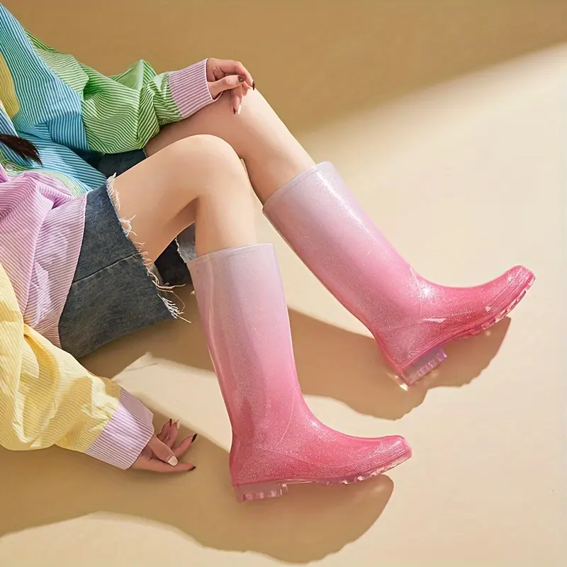 Women's Fashion Pink to White Gradient High Rain Boots - High Quality, Non-Slip, Comfortable PVC Design for Rainy Days, Pedal Footwear Girl Walking Shoes