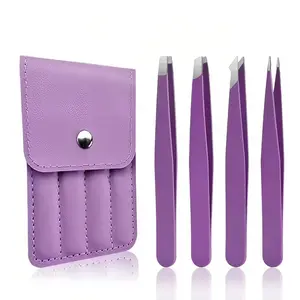 4Pcs Stainless Steel Eyebrow Tweezers Makeup Tool Eyebrow Shaper Belt Bag, Portable Hair Removal Tweezers Compact Suitable for Travel Makeup Eyebrow Pull Beard Tool Beauty Tools Set, Cosmetics Accessories
