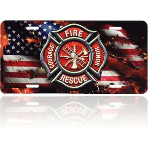 Firefighter Symbol License Plate American Flag Flame- Aluminum Alloy- 6X12-Inch Polished Metal Standard Plate, Easy to Install, Men'S/ Women'S Car Plate, Car Trim Accessories, License Plate Decor, for Decor Only