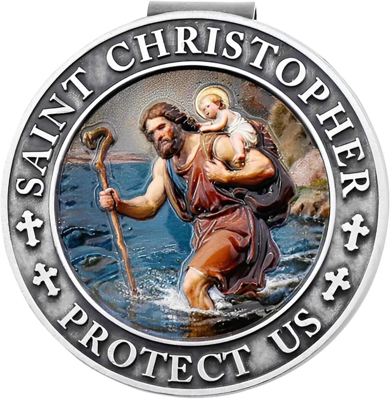 St. Christopher Colorful Religious Medal Car Sun Visor Clip, Safety and Blessings Travel Accessory, Decorative Item for Peace of Mind, 1 Targeted Gift for Travelers - Ideal for Birthday, Father’s Day, Good Luck