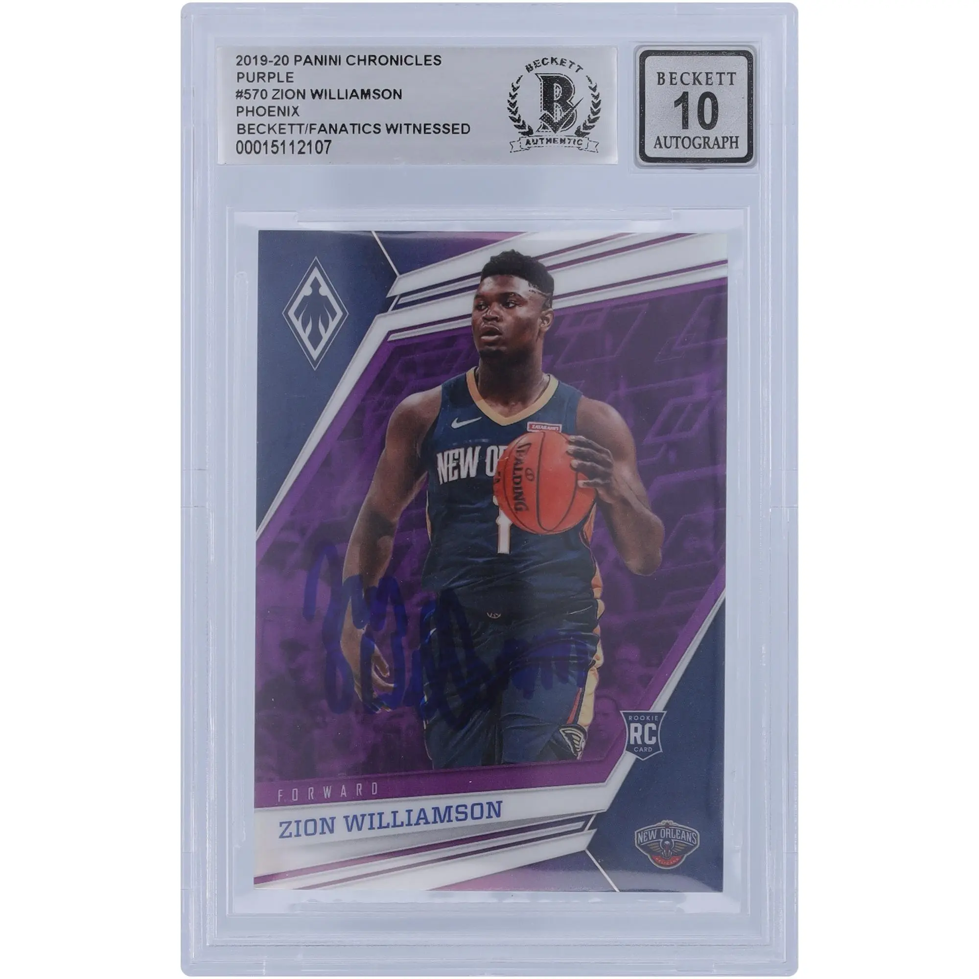 Zion Williamson New Orleans Pelicans Autographed 2019-20 Panini Phoenix Purple Variation #570 #38/49 Beckett Fanatics Witnessed Authenticated 10 Rookie Card - Fanatics Authentic Certified