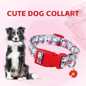 Cute Cartoon Floral Dog Collar, Breathable Material, Durable Alloy Metal Ring, Adjustable Fastener, Comfortable Pet Accessory