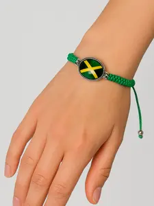 Jamaican Pride Flag Adjustable Bracelet - Handmade Leather Wristband with Glossy Metal Emblem & Vibrant Accents for Everyday Wear