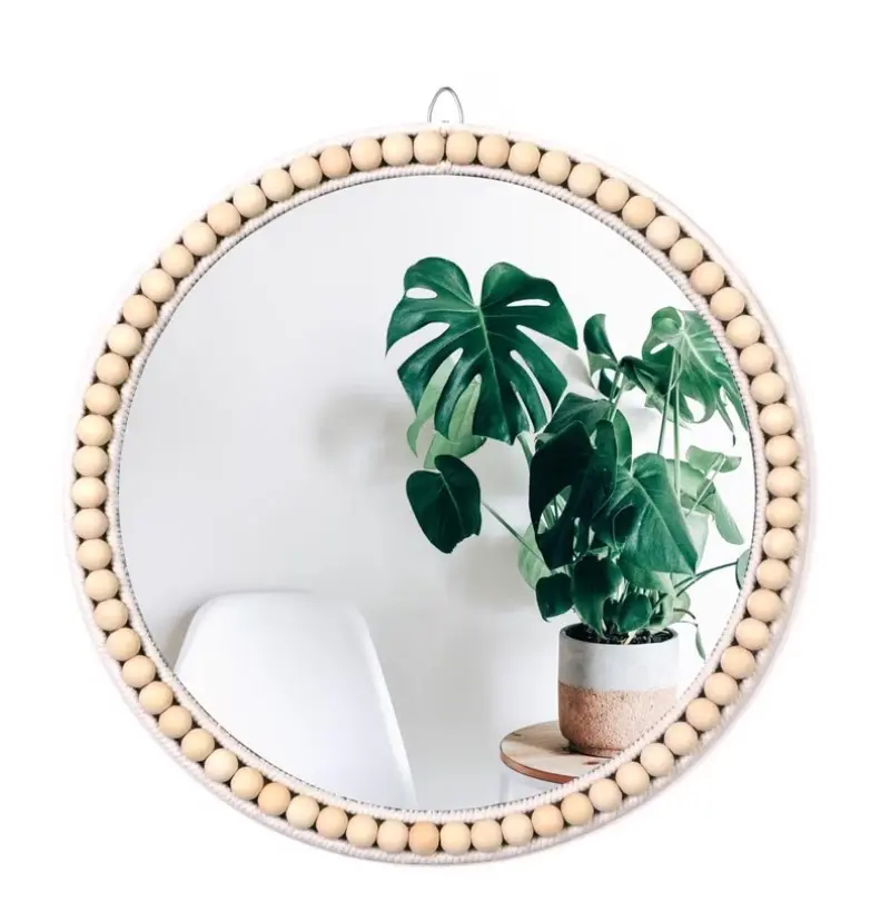 MEHOOM 15" Round Wall Mirror, Boho Hanging Round Mirror, Wall Decor for Bedroom, Bathroom, Living Room, Beige