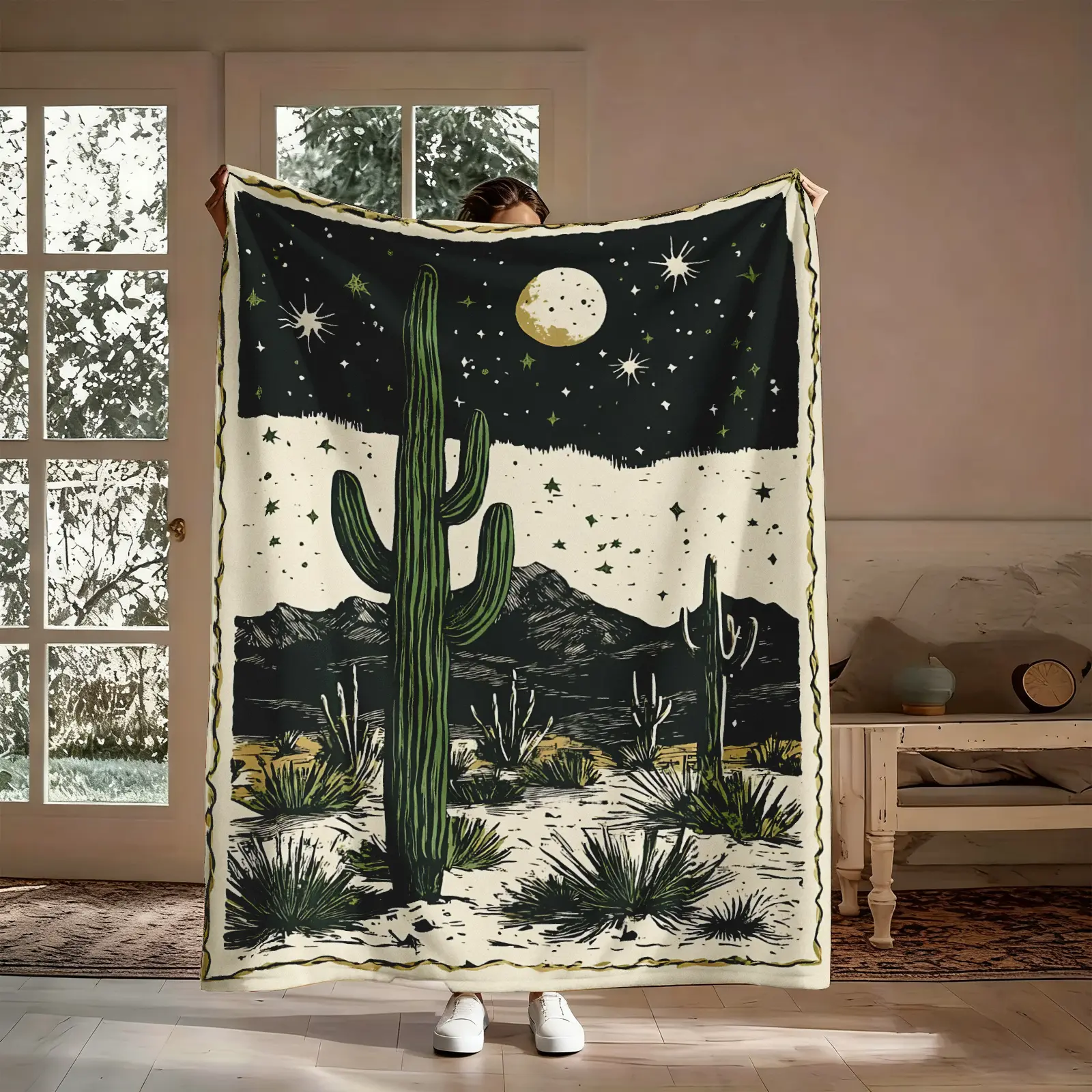 Desert Cactus High-Density Flannel Throw Blanket - Western Blankets, Saguaro, Moon, Stars, Mountains Southwestern Design, Soft Cozy Warm, Wrinkle Resistant, Machine Washable, Non-Customized, for Couch, Boho Celestial Style, Couple Gift, Lightweight, Unise