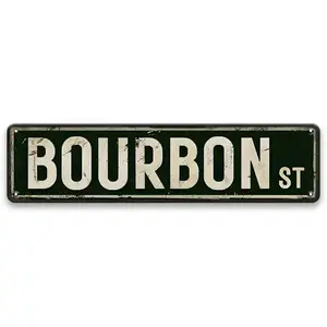 "BOURBON ST" Vintage Metal Street Sign | Retro Bourbon Bar Decor | Rustic Tin Plaque for Man Cave, Home Bar & Pub | 4x16 Inches