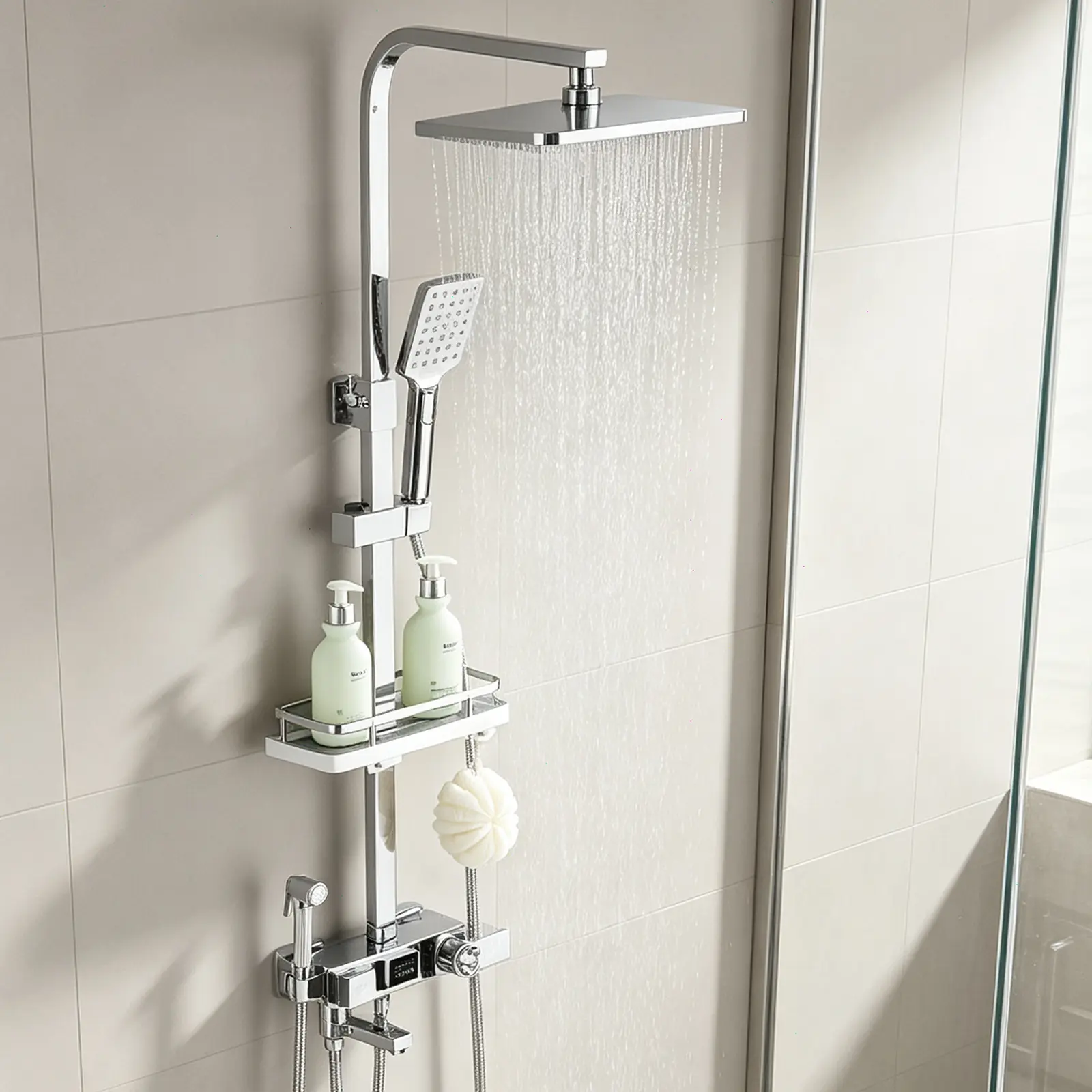 Shower Head Combo with 3 Settings Handheld Sprayer, Exposed Shower System Stainless Steel Rain Shower Kit Faucet High Pressure Wall Mount 4 Function Outdoor Shower Fixtures,Thermostat Valve,LCD Display, Chrome
