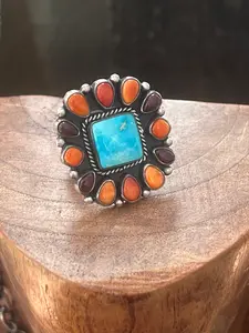 Handcrafted Electric Rainbow Turquoise and Spiny Oyster Ring by Angela Martin and Bernyse Chavez, Size 9
