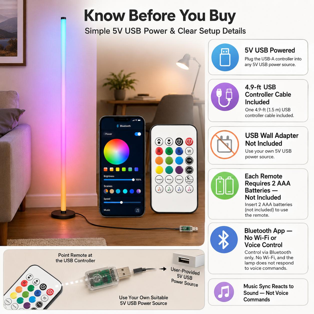 48in RGBIC Corner Floor Lamp, App & Remote Control, Music Sync LED Ambient Light（1PCS/2PCS)